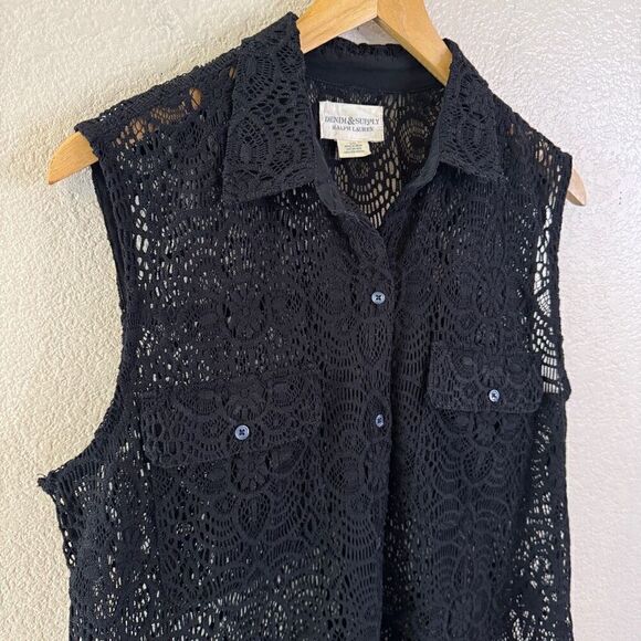 Denim & Supply Ralph Lauren Black Lace Button Down Shirt size Large - Picture 3 of 10